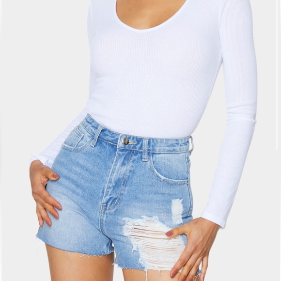 PrettyLittleThing Pants - PLT Tall Light Blue Wash Ripped Denim Mom Shorts
